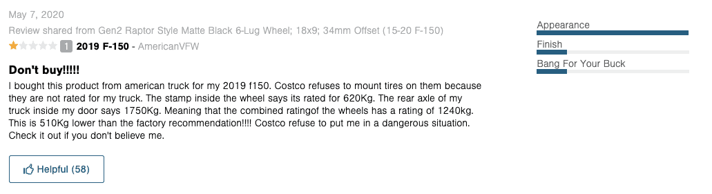 Example of a negative truck rim review based on poor product description.