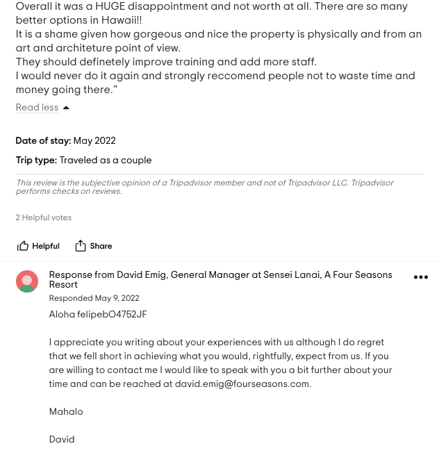 Four Seasons customer service response on TripAdvisor. 