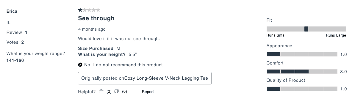 Negative customer review on Abercrombie due to poor product quality. 