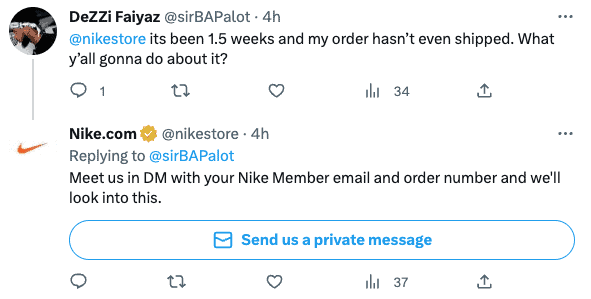Nike customer service response on Twitter. 