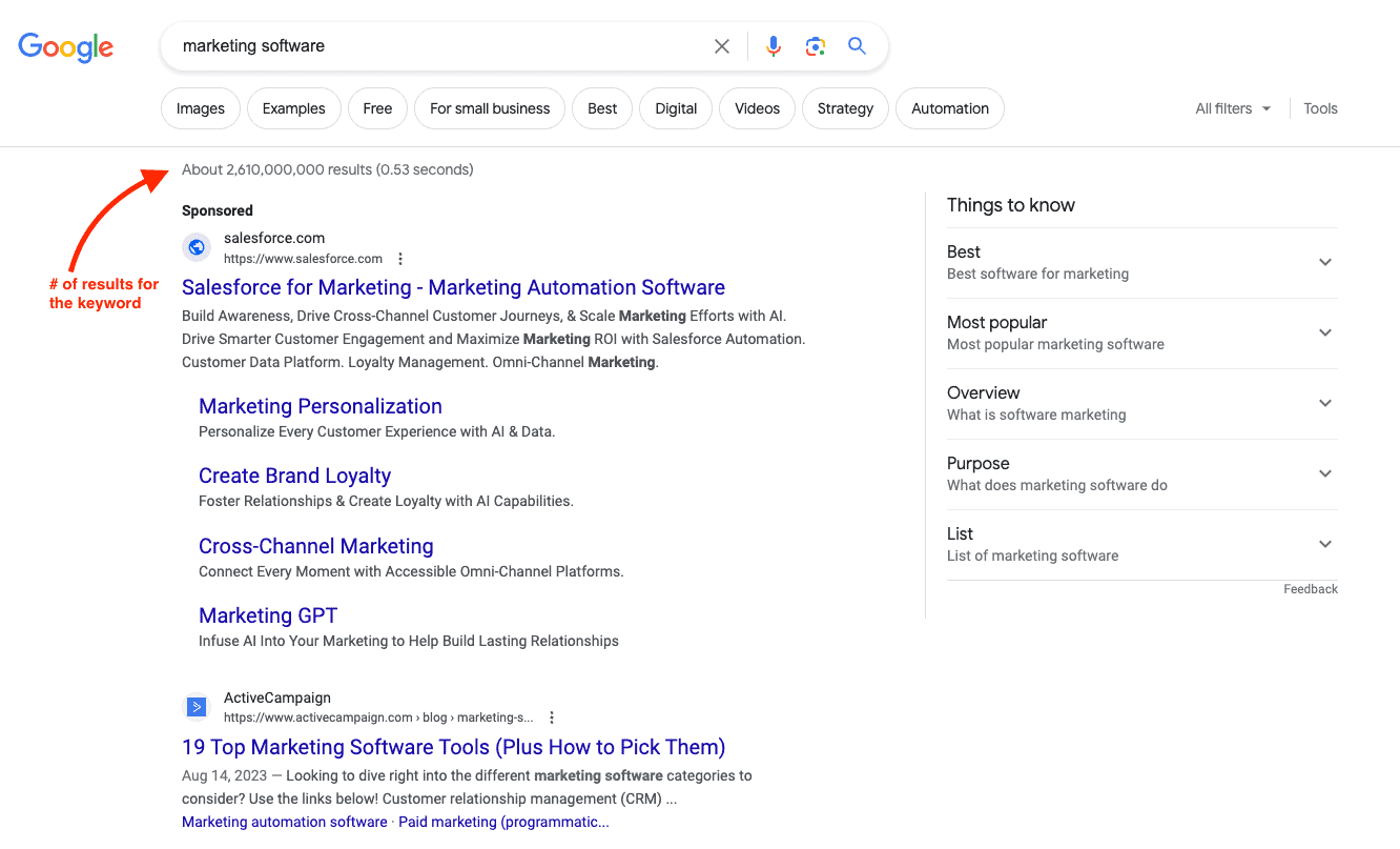 Screenshot of marketing software keyword. 