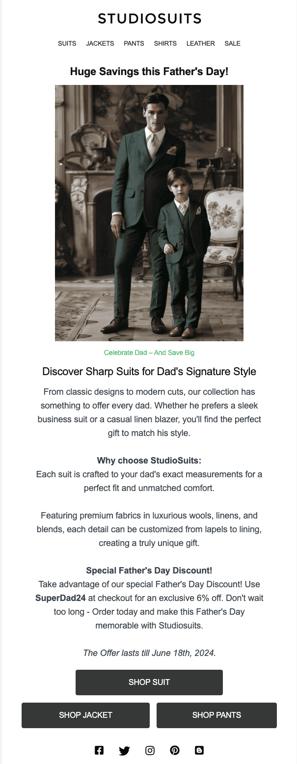 Screenshot of StudioSuits Father's Day offer