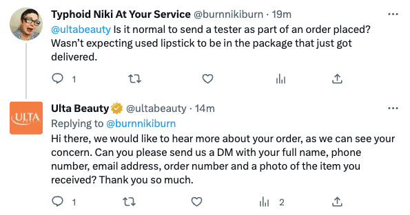 Ulta Beauty customer service response on Twitter. 
